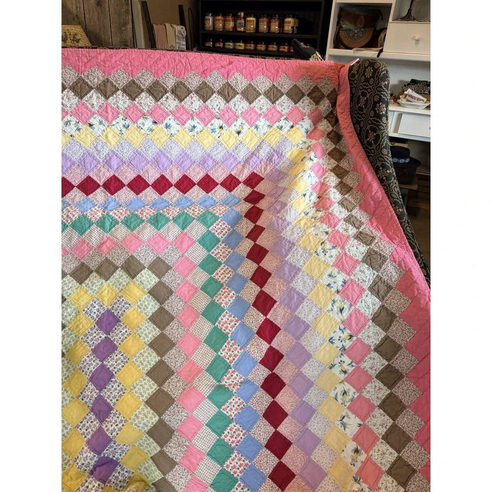 Vintage 1890's Four Patch / Diamonds Antique Quilt ~Gorgeous Early Fabrics!